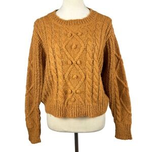 Dreamers‎ by Debut Women XL Cable Knit Pom Pom Cropped Sweater Honeycomb Autumn
